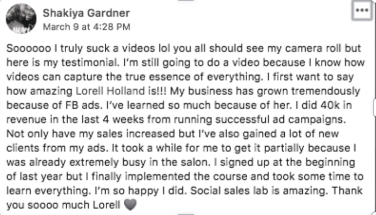 Shakiya Gardner — $40K in 4 weeks from successful ad campaigns