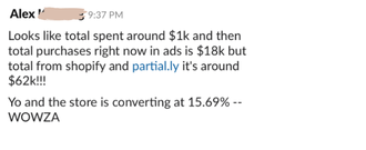 Alex — $1K in ads → $18K ads + $62K total. 15.69% conv.