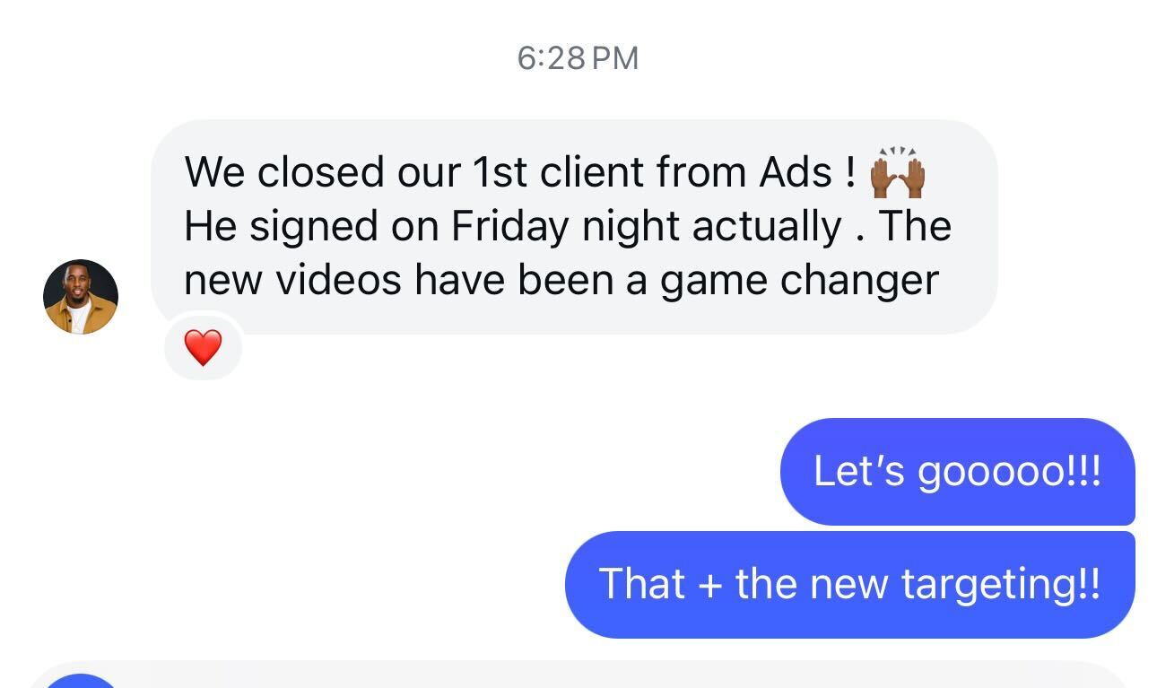Kaleb — Closed 1st client from ads. New videos + targeting
